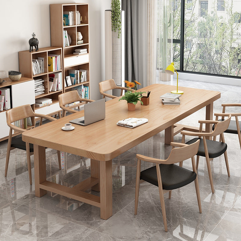 Rectangle Industrial Dining Room Table Pine Solid Wood Table with Trestle Base