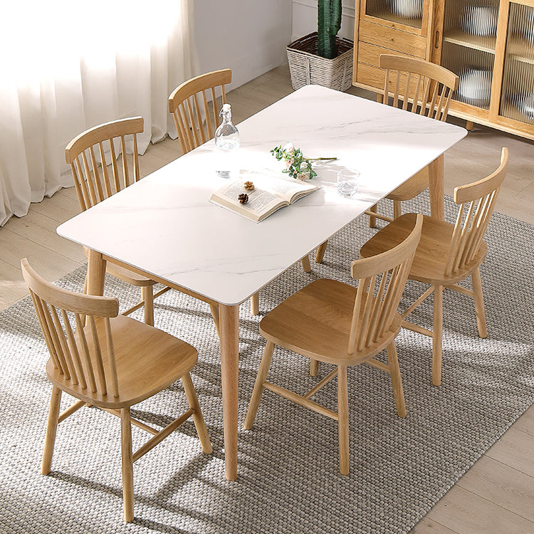 Simplicity Rectangle Dining Table White Sintered Stone Table with 4 Oak Solid Wood Legs