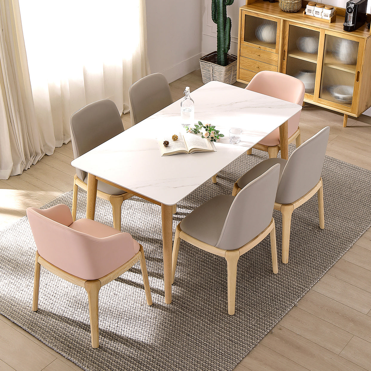 Simplicity Rectangle Dining Table White Sintered Stone Table with 4 Oak Solid Wood Legs