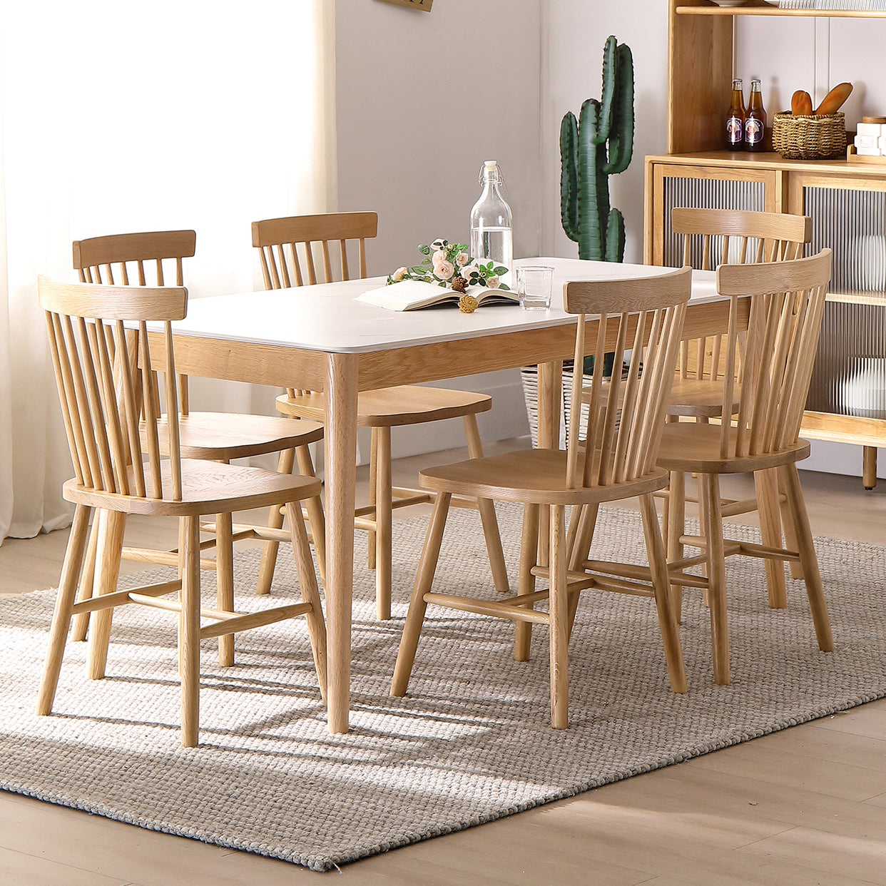 Simplicity Rectangle Dining Table White Sintered Stone Table with 4 Oak Solid Wood Legs