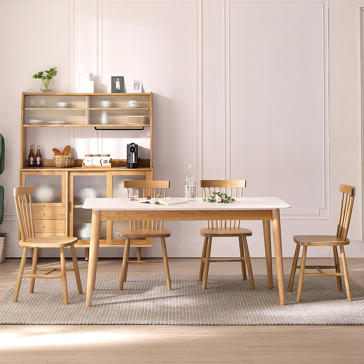 Simplicity Rectangle Dining Table White Sintered Stone Table with 4 Oak Solid Wood Legs