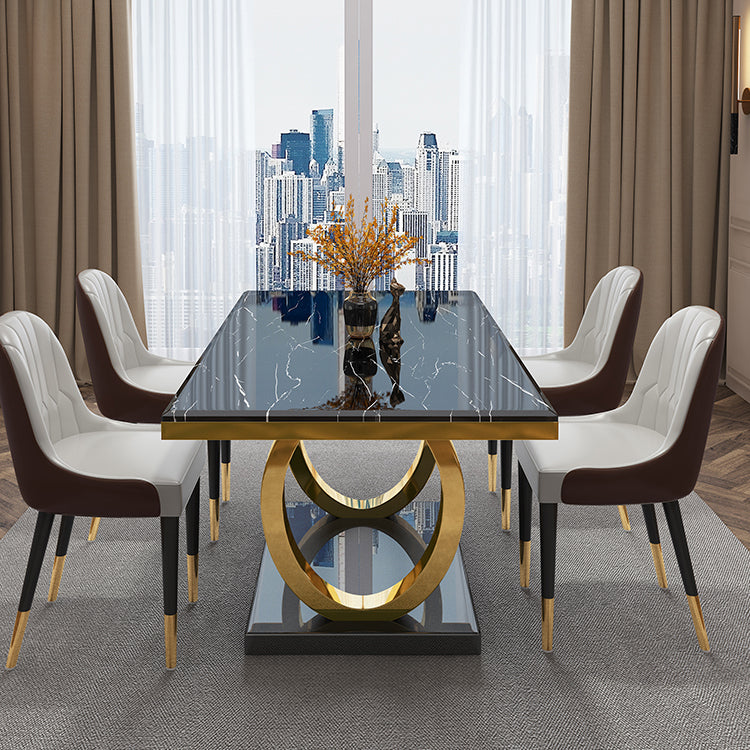 Luxury Marble Dining Table Rectangle Table with Metal Pedestal in Gold