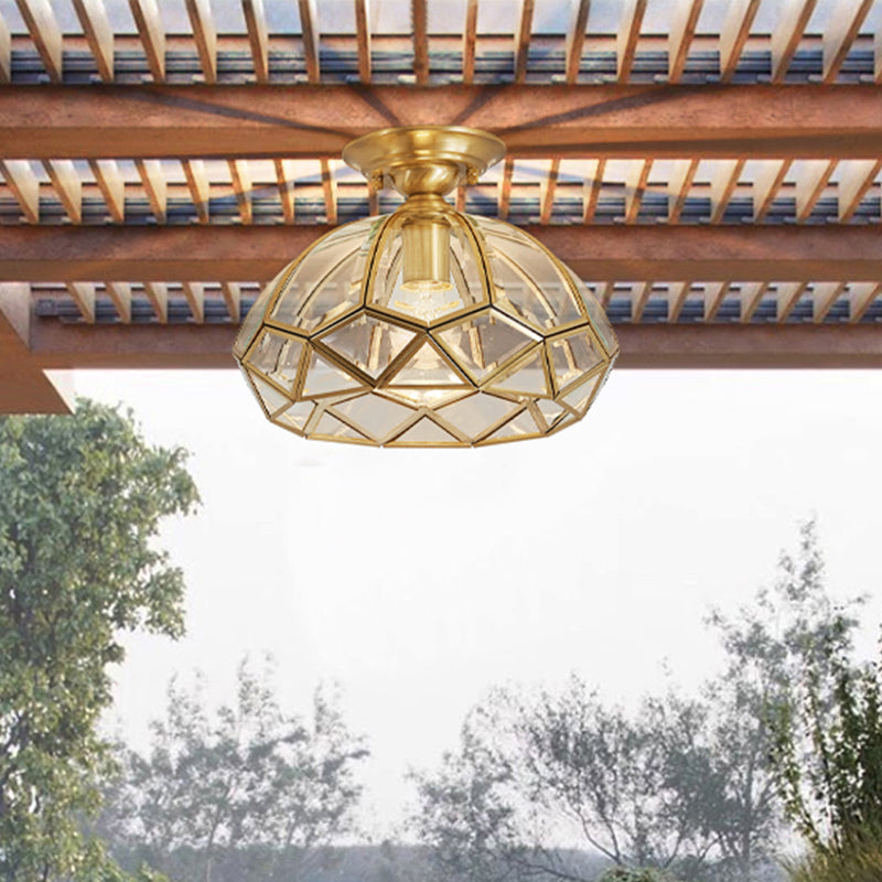 Plafonnier d'intérieur en cuivre à montage encastré de style colonial avec abat-jour en verre pur