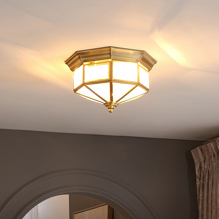 Frosted Glass Geometric Ceiling Light Colonial Copper Indoor Ceiling Fixture in Bronze