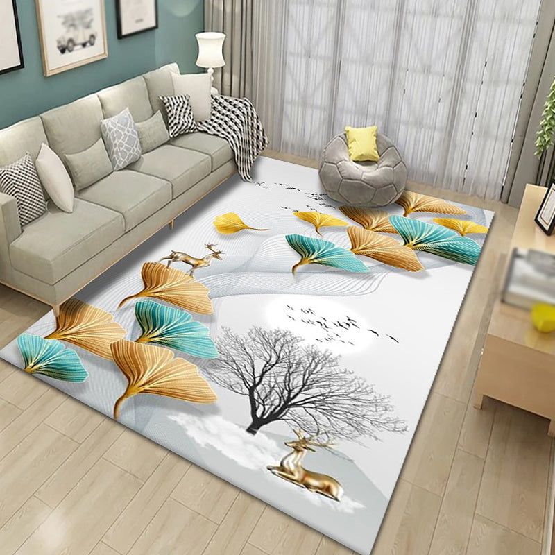 Black Plant Pattern Rug Modern Polyester Area Carpet Stain Resistant Area Rug for Home Decor