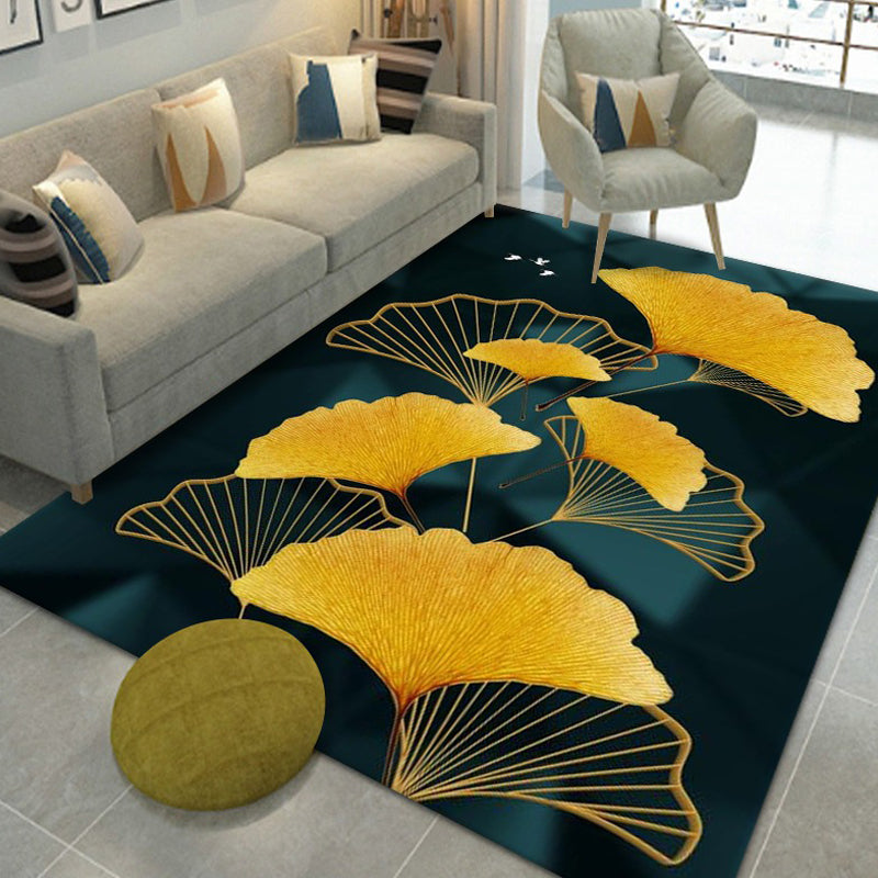 Black Plant Pattern Rug Modern Polyester Area Carpet Stain Resistant Area Rug for Home Decor