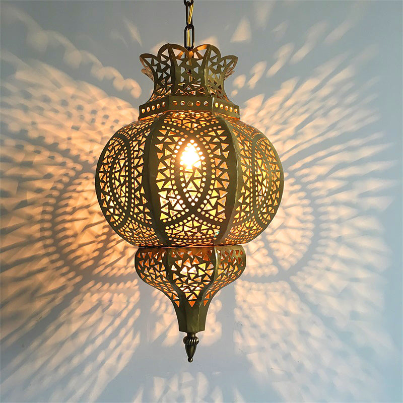 Brass 1-Bulb Hanging Lighting Vintage Metal Gourd Shade Ceiling Pendant Lamp with Hollow Out Design