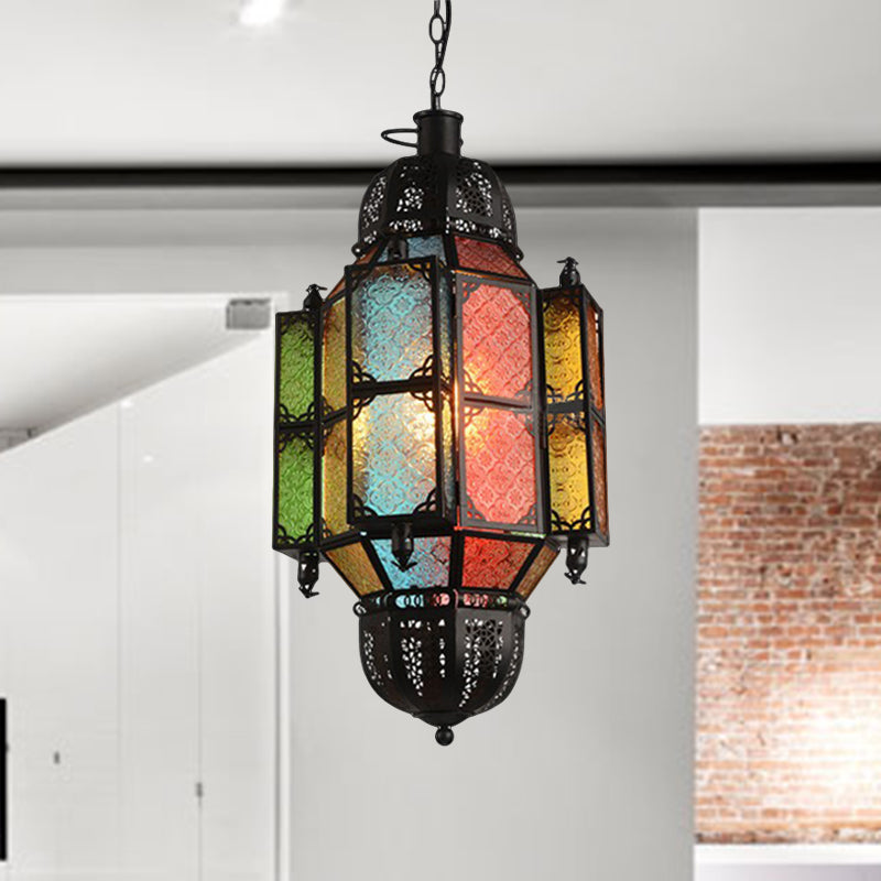 1 hoofd hangende verouderde balk hanglamp met lantaarn getextureerde glazen schaduw in zwart