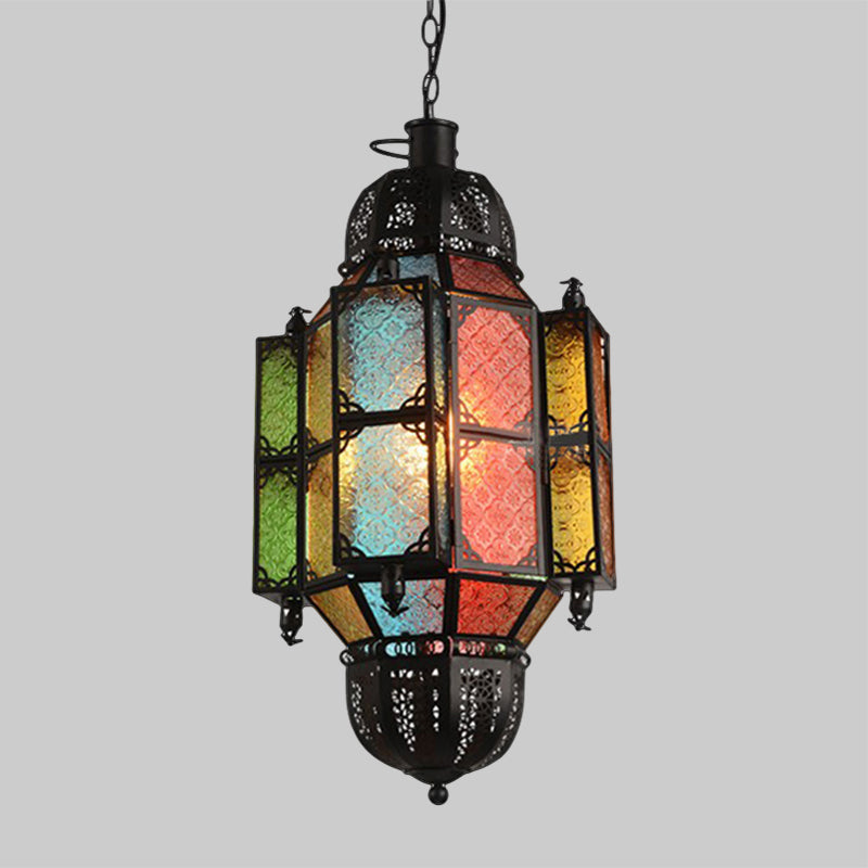 1 hoofd hangende verouderde balk hanglamp met lantaarn getextureerde glazen schaduw in zwart