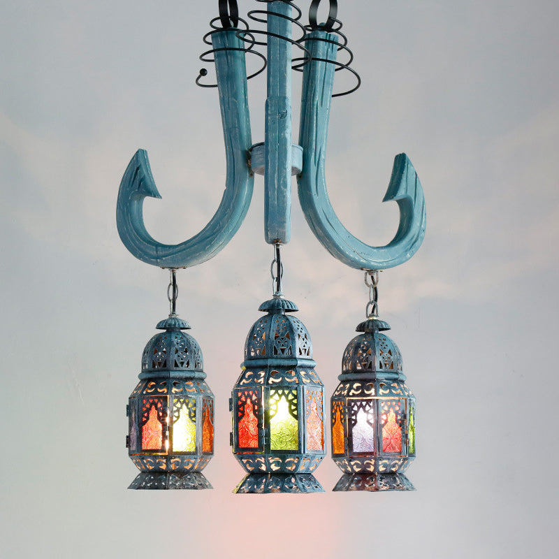 3 Lights Lantern Pendant Chandelier Mediterranean Blue Metal Hanging Lamp with Wooden Hook Rod