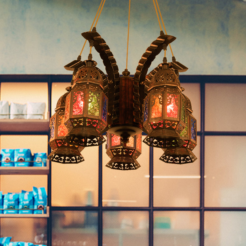 Lantern Metallic Chandelier Pendant Lamp Vintage 5 Bulbs Restaurant Hanging Light Fixture in Copper