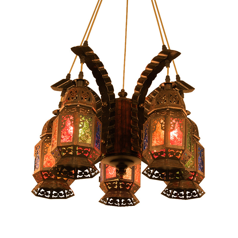 Lámpara de lámpara metálica de linterna lámpara colgante vintage 5 bulbos restaurante colgante lámpara en cobre