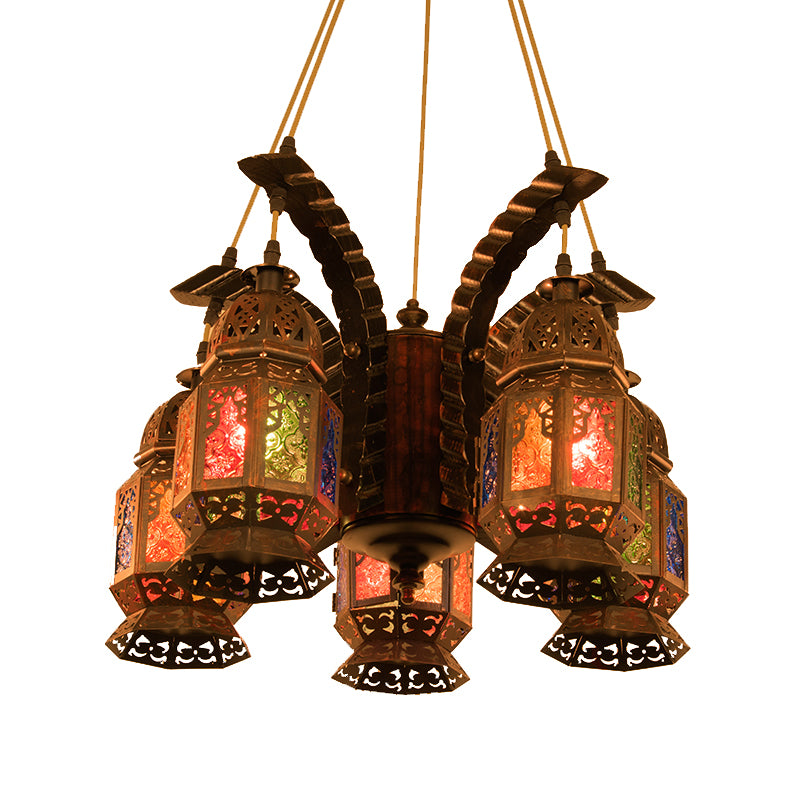 Lantern Metallic Chandelier Pendant Lamp Vintage 5 Bulbs Restaurant Hanging Light Fixture in Copper