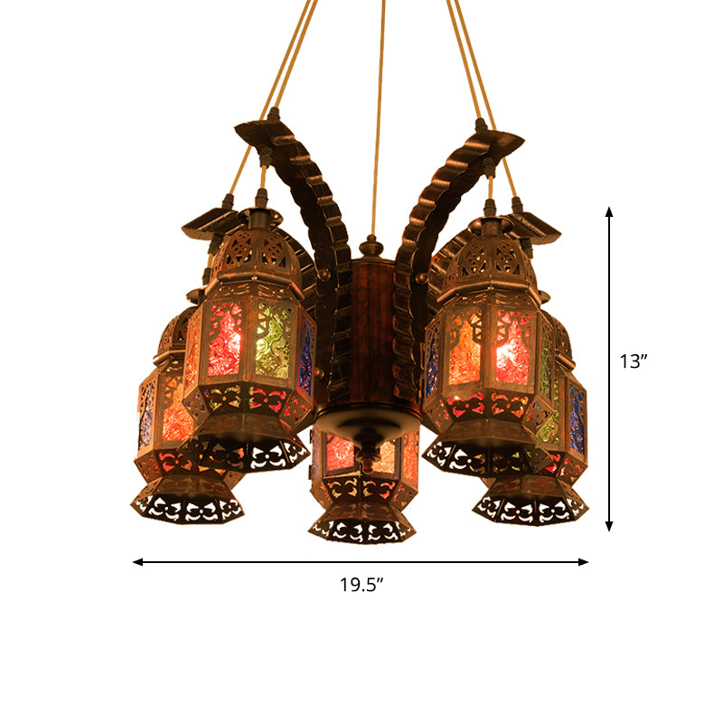 Lantern Metallic Chandelier Pendant Lamp Vintage 5 Bulbs Restaurant Hanging Light Fixture in Copper