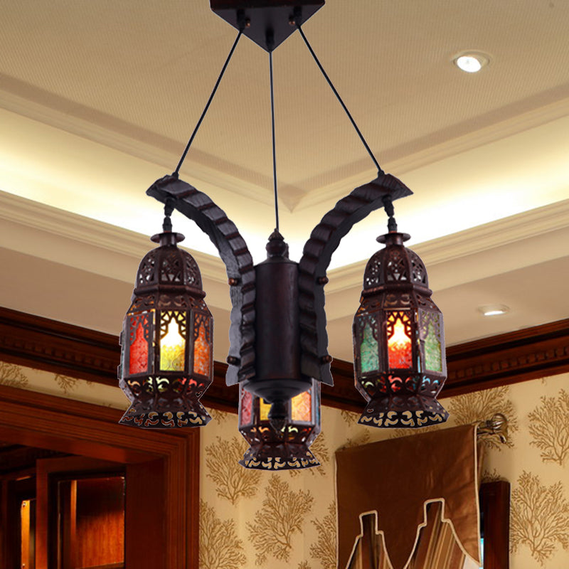 Black 3-Light Hanging Chandelier Arab Metal Lantern Suspension Lamp for Living Room