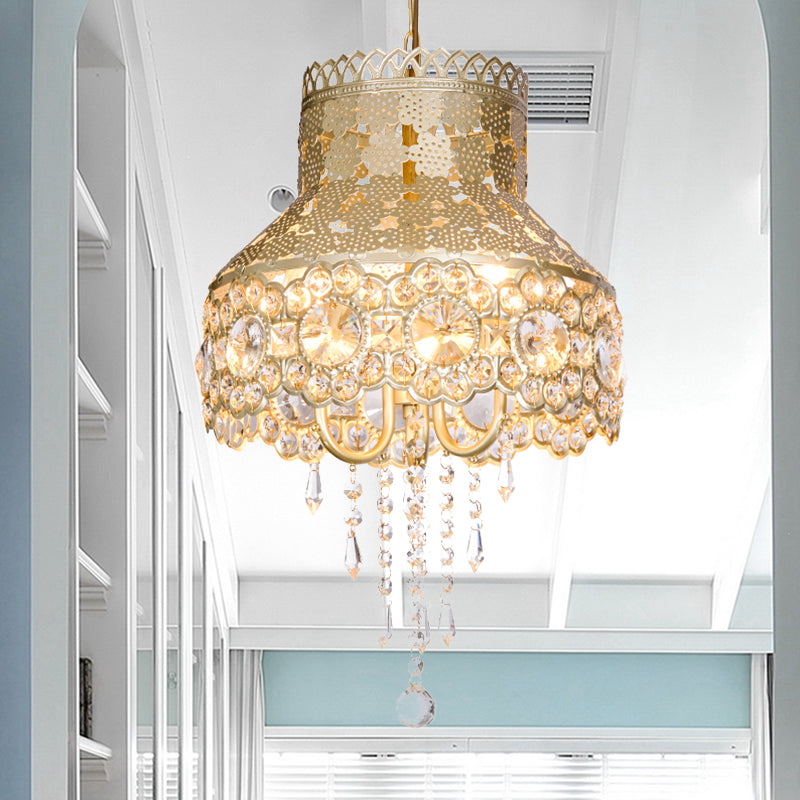 3 Lights Ceiling Chandelier Vintage Urn Shape Metal Pendant Lamp in Brass with Crystal Decoration