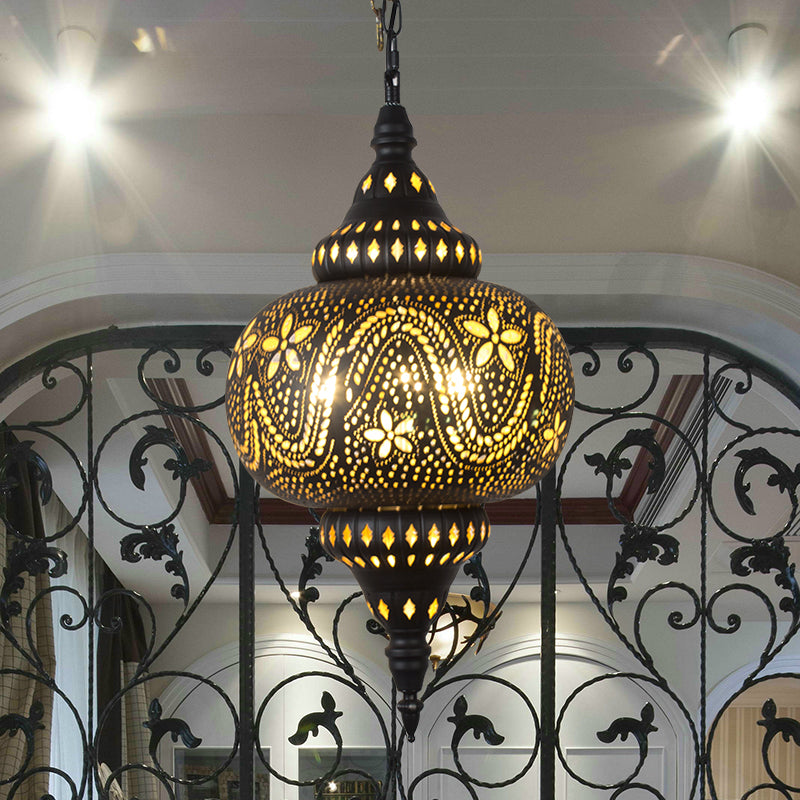 Metallic Vase/Gourd Pendant Lamp Vintage 3-Head Coffee House Hanging Chandelier in Brass