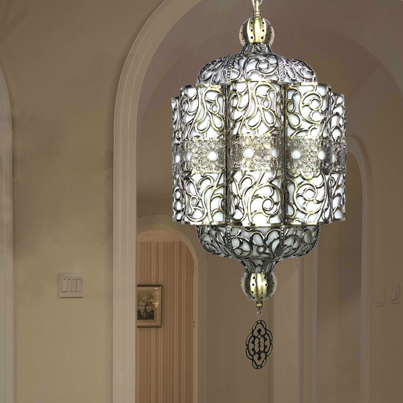 Antiqued Lantern Hanging Light Kit 4 Heads Metal Chandelier Lamp in Black with White Acrylic Shade
