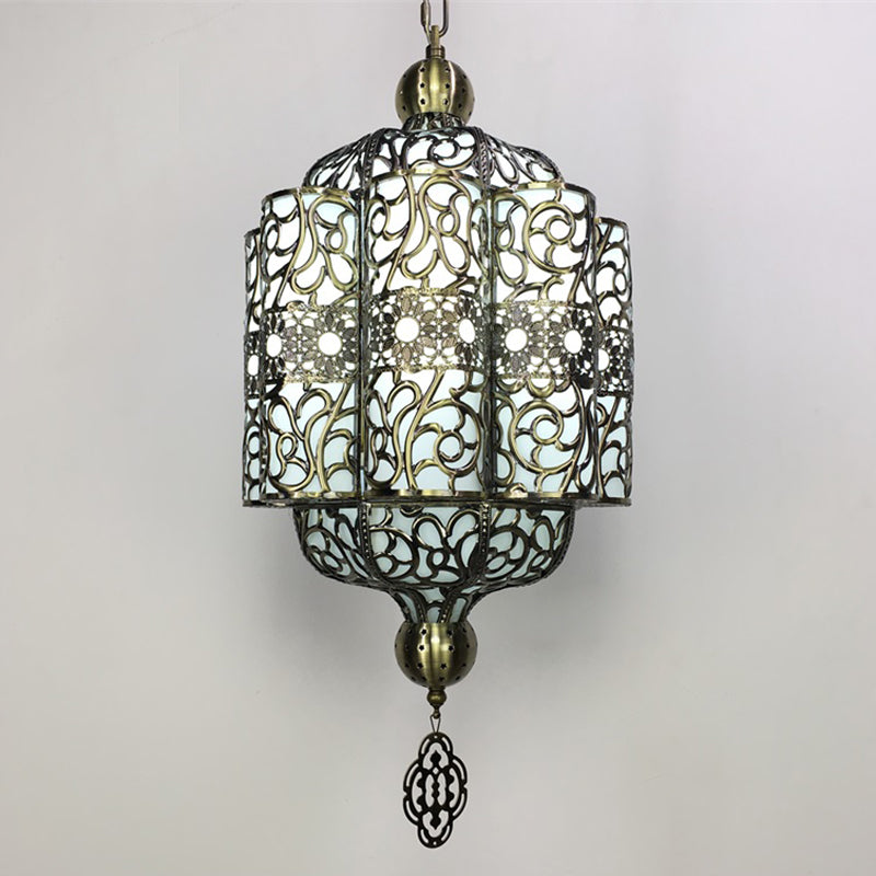 Antiqued Lantern Hanging Light Kit 4 Heads Metal Chandelier Lamp in Black with White Acrylic Shade