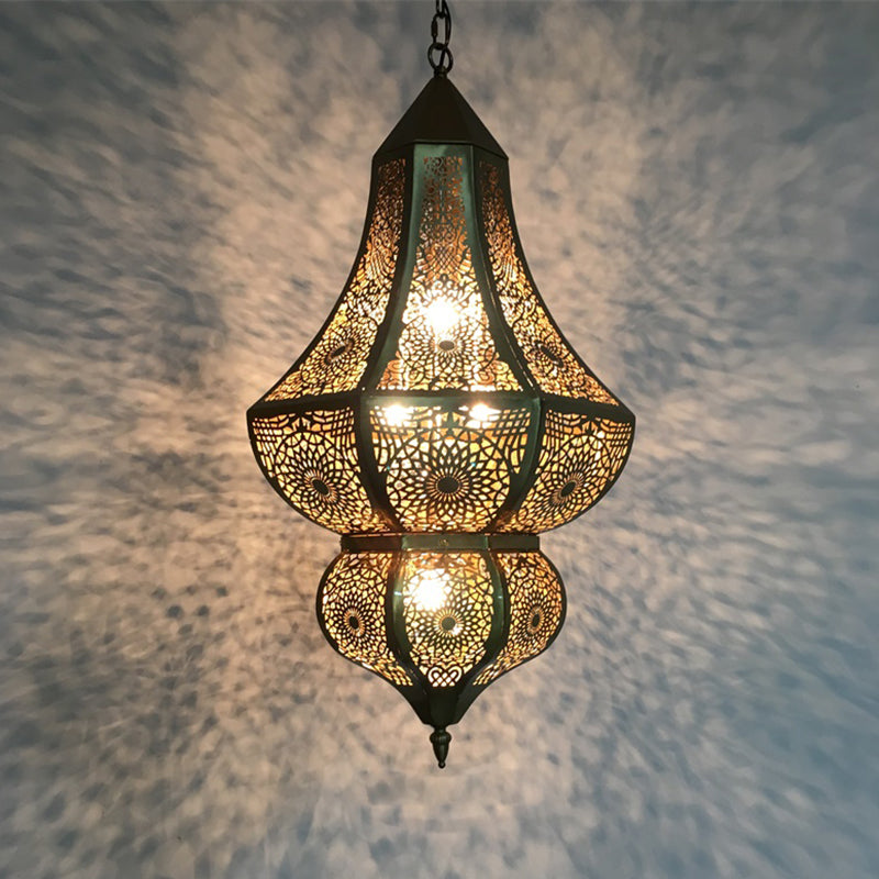 5 Lights Urn Pendant Chandelier Vintage Brass Metal Arab Hanging Lamp with Hollow Out Design