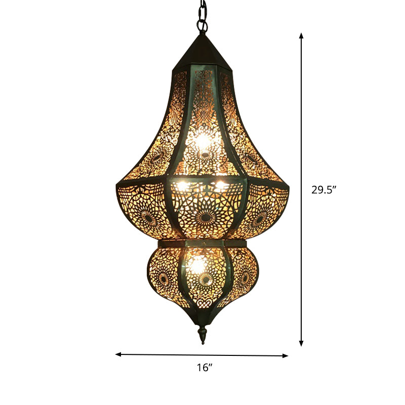 5 Lights Urn Pendant Chandelier Vintage Brass Metal Arab Hanging Lamp with Hollow Out Design