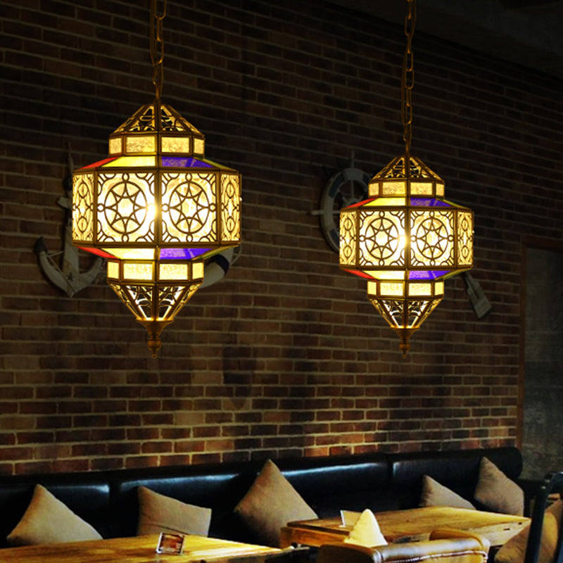 Metallic Brass Pendant Light Lantern 1-Head Southeast Asia Hanging Lamp with Clear Glass Shade