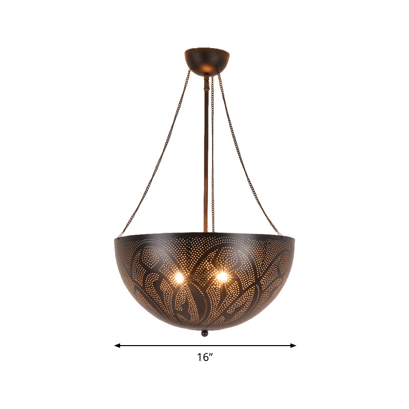 Bowl Restaurant Chandelier Vintage Metal 3-Light Black Hanging Ceiling Lamp with Hollow-Out Spot/Circle/Flower Pattern