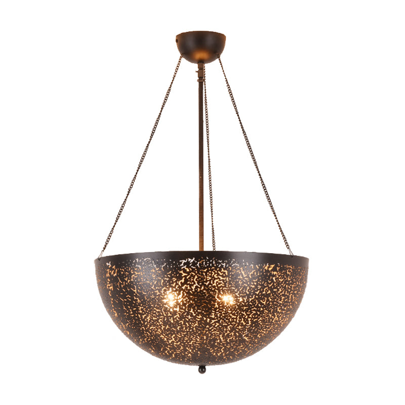 Bowl Restaurant Chandelier Vintage Metal 3-Light Black Hanging Ceiling Lamp with Hollow-Out Spot/Circle/Flower Pattern