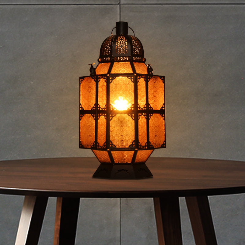 Rust 1-Bulb Task Lighting Art Deco Amber Textured Glass Lantern Nightstand Lamp for Bar