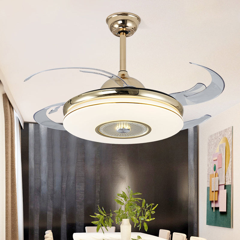 Acrílico redondo semi flushmount moderno dormitorio 48 "lámpara de ventilador colgante de ancho ancho en níquel/oro con 4 cuchillas