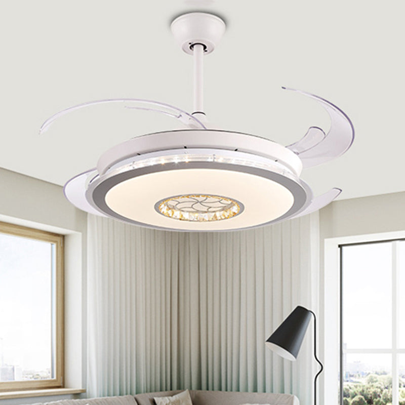 48 "W Círculo LED Semi Flush Lighting Modernismo Blanco Acrílico 4 Lámpara de ventilador colgante de techo de cuchillas transparentes para dormitorio