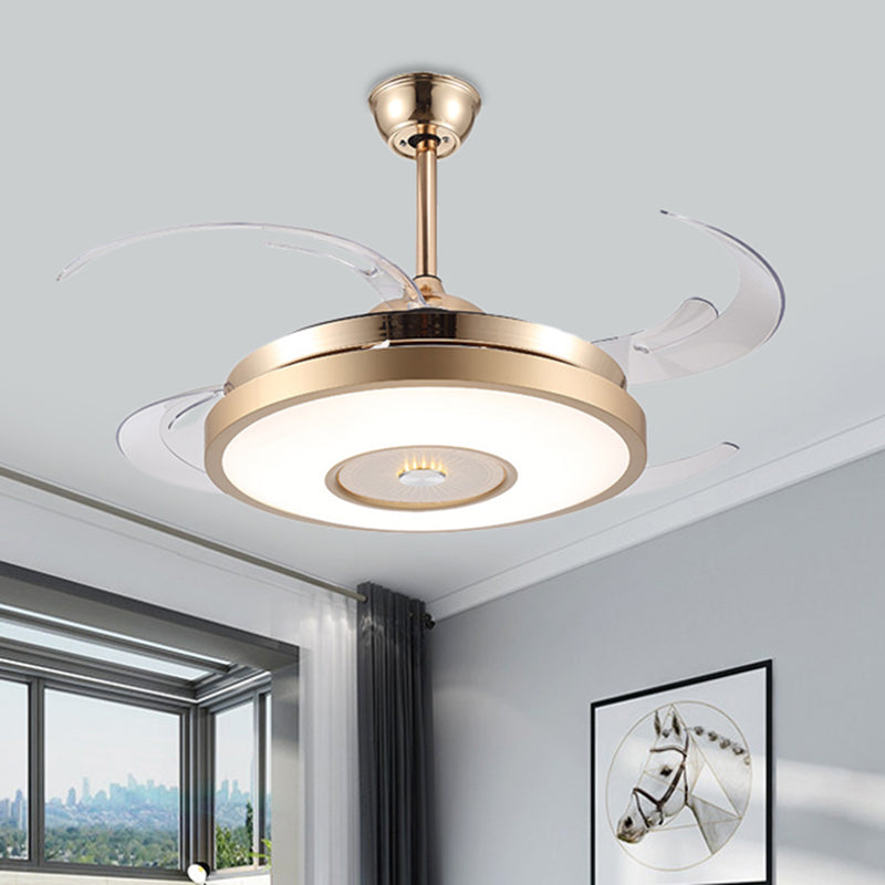 Gold tambor colgante de la lámpara de ventilador de ventilador de acrílico modernista 4 cuchillas LED Semi Flushmount, 48 "de ancho