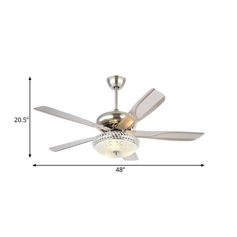Lámpara de ventilador de techo metálico LED de iluminación de semi flush de domo moderno en plata para sala de estar con 5 cuchillas transparentes, 48 ​​"de ancho