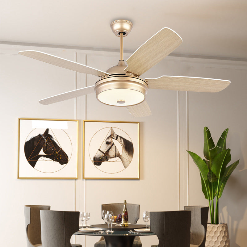 52" Wide LED Metal Hanging Fan Light Modernist Gold Drum Living Room 5 Blades Semi Flushmount with Acrylic Shade