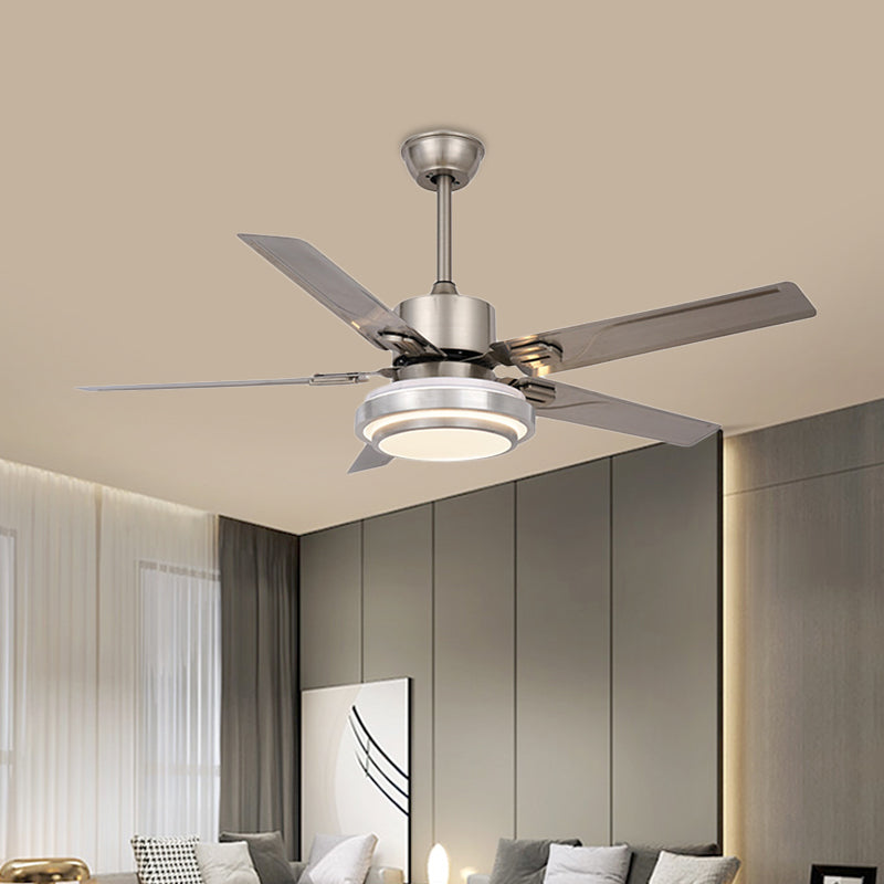 Luz de ventilador colgante de círculo metálico Modernismo 48 "W LED LED SEMI FLUSH LAMP en níquel con 5 cuchillas plateadas, conversión de frecuencia/general