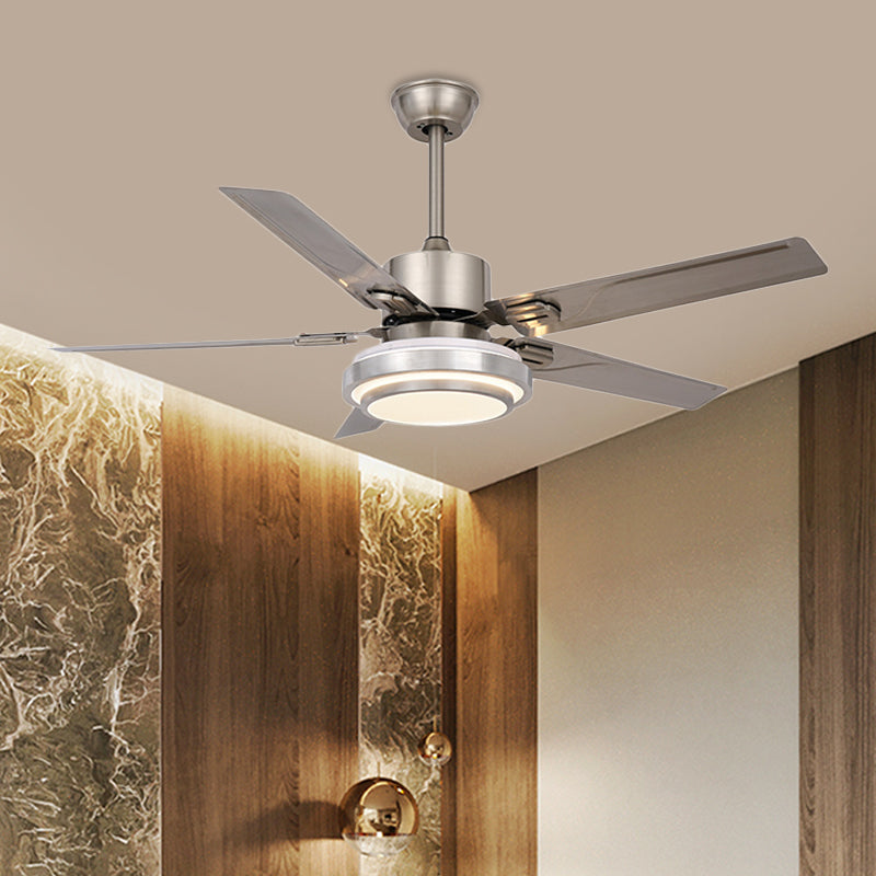 Luz de ventilador colgante de círculo metálico Modernismo 48 "W LED LED SEMI FLUSH LAMP en níquel con 5 cuchillas plateadas, conversión de frecuencia/general