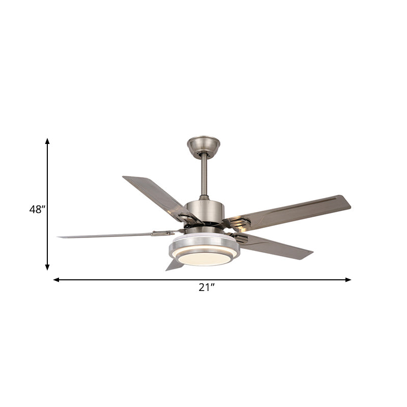 Luz de ventilador colgante de círculo metálico Modernismo 48 "W LED LED SEMI FLUSH LAMP en níquel con 5 cuchillas plateadas, conversión de frecuencia/general