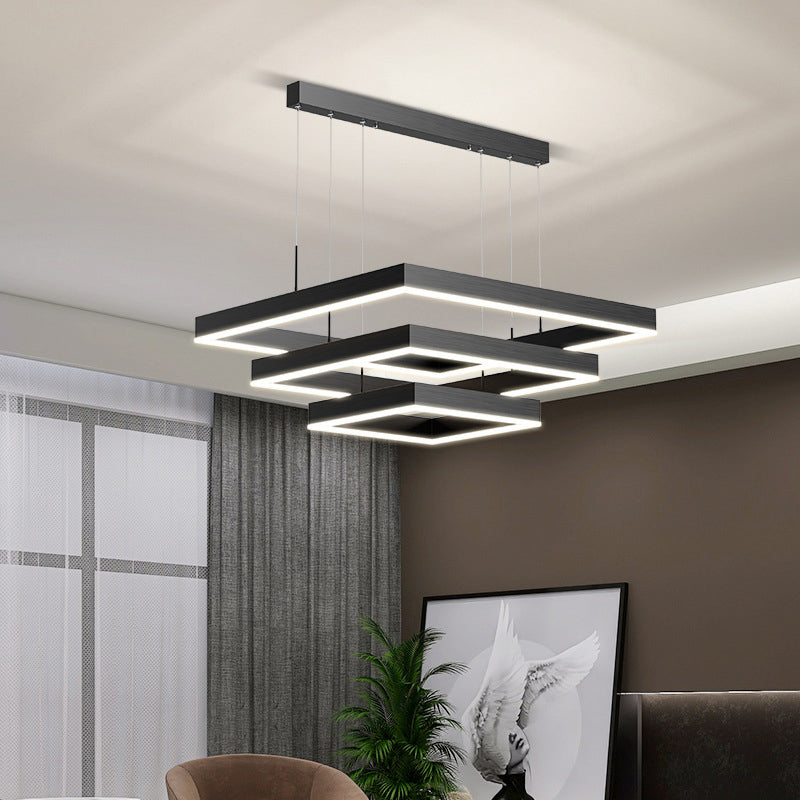 Modern Metal Chandelier Multi-Layer Square Chandelier Pendant Lamps in Black for Living Room