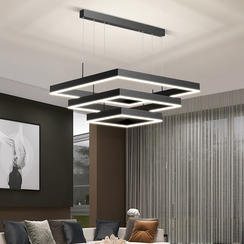 Modern Metal Chandelier Multi-Layer Square Chandelier Pendant Lamps in Black for Living Room