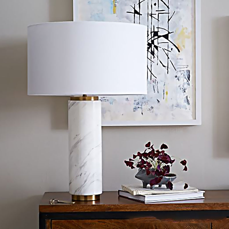 Cylindrical Task Lamp Modernism Fabric 1 Head White Table Light with Marble Base