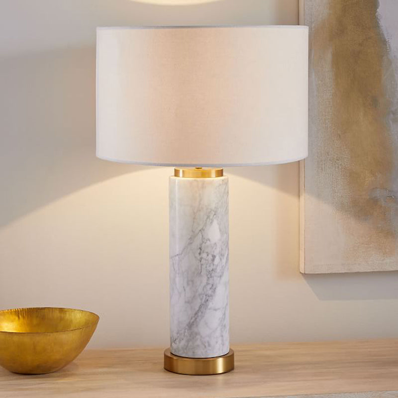 Cylindrical Task Lamp Modernism Fabric 1 Head White Table Light with Marble Base