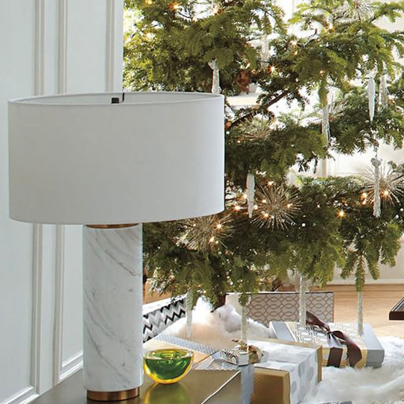 Cylindrical Task Lamp Modernism Fabric 1 Head White Table Light with Marble Base