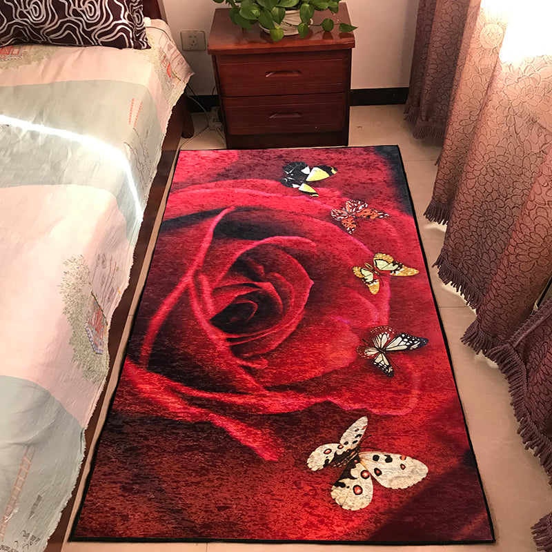 Stijlvol rood gebied Rug bloempatroon polyester gebied tapijt vlekbestendig vloerkleed voor slaapkamer