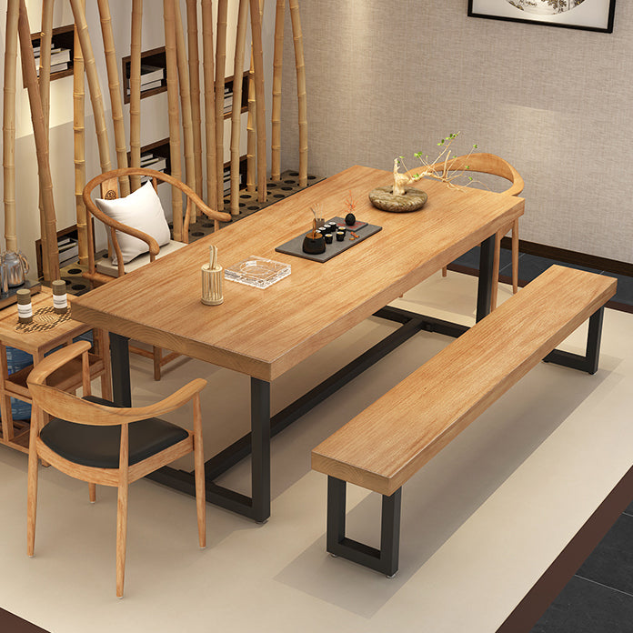 Metal Industrial Rectangle Dining Table Wood Top Table with Trestle Base