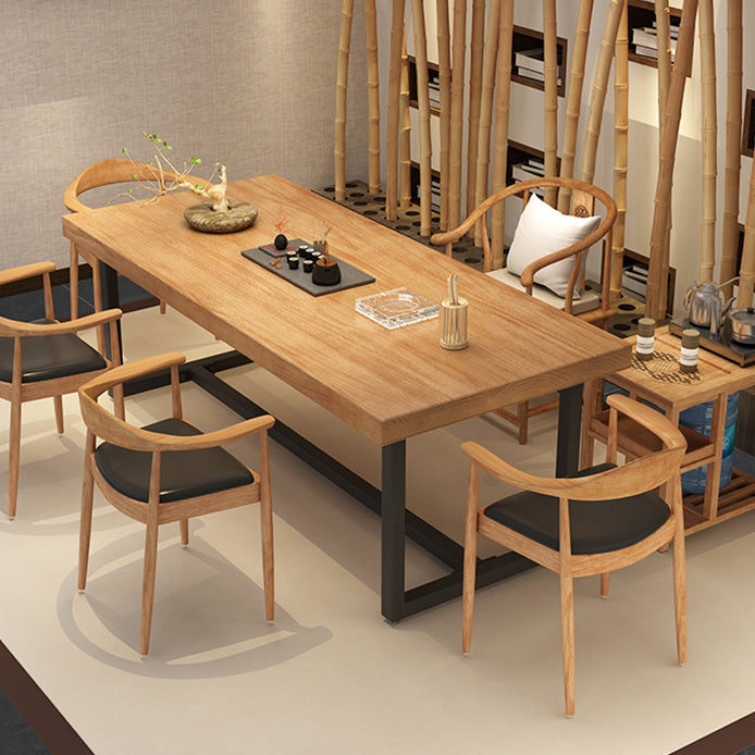 Metal Industrial Rectangle Dining Table Wood Top Table with Trestle Base