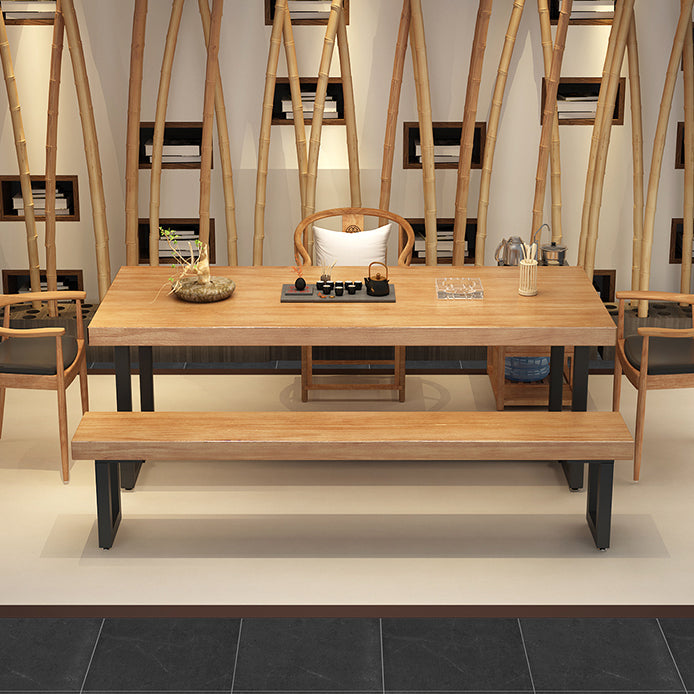 Metal Industrial Rectangle Dining Table Wood Top Table with Trestle Base