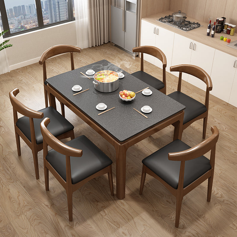 Mesa de comedor de piedra sinterizada de mediados de siglo, mesa rectangular con base de madera maciza de 4 patas para el hogar