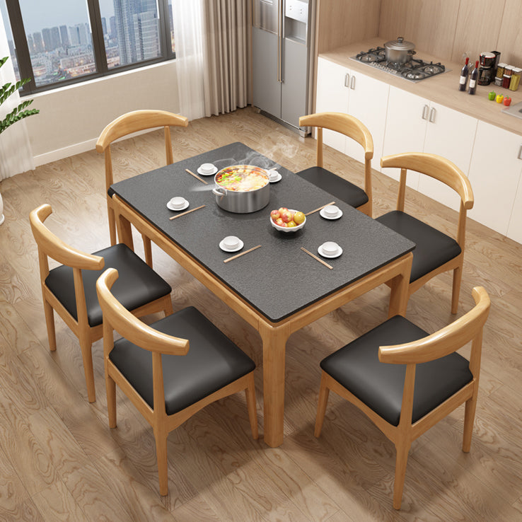 Mesa de comedor de piedra sinterizada de mediados de siglo, mesa rectangular con base de madera maciza de 4 patas para el hogar