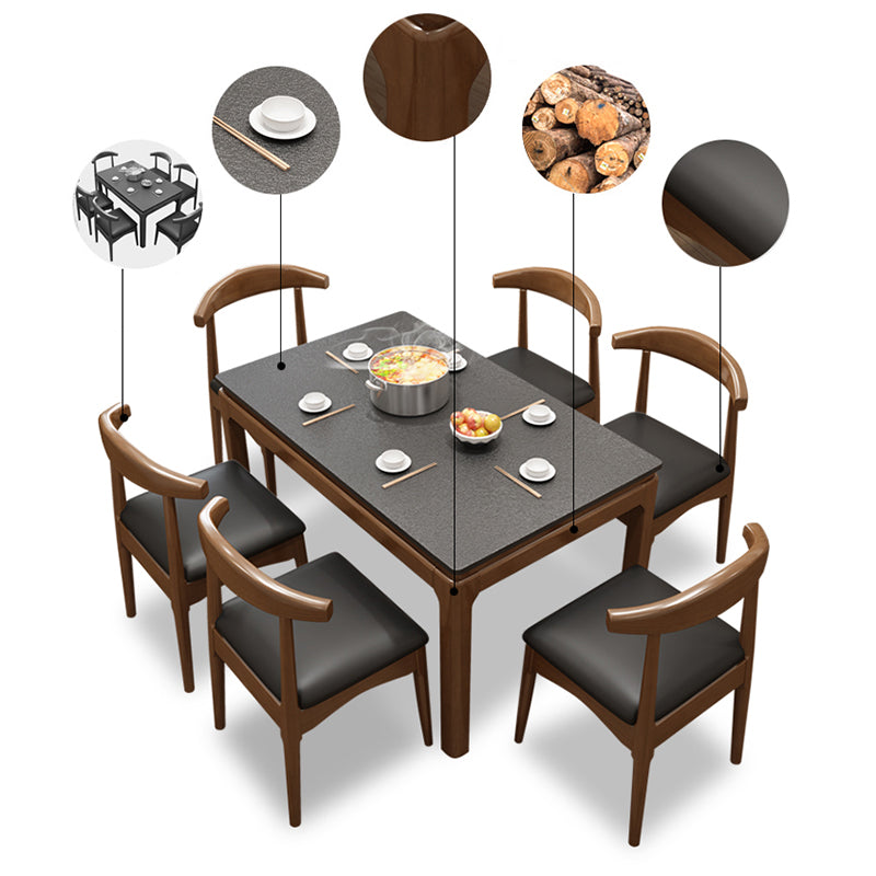 Mesa de comedor de piedra sinterizada de mediados de siglo, mesa rectangular con base de madera maciza de 4 patas para el hogar