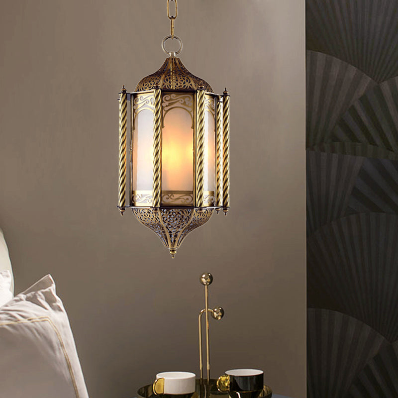 Metallic Brass Pendant Chandelier Lantern 3 Lights Arab Hanging Ceiling Light with Opal Glass Shade